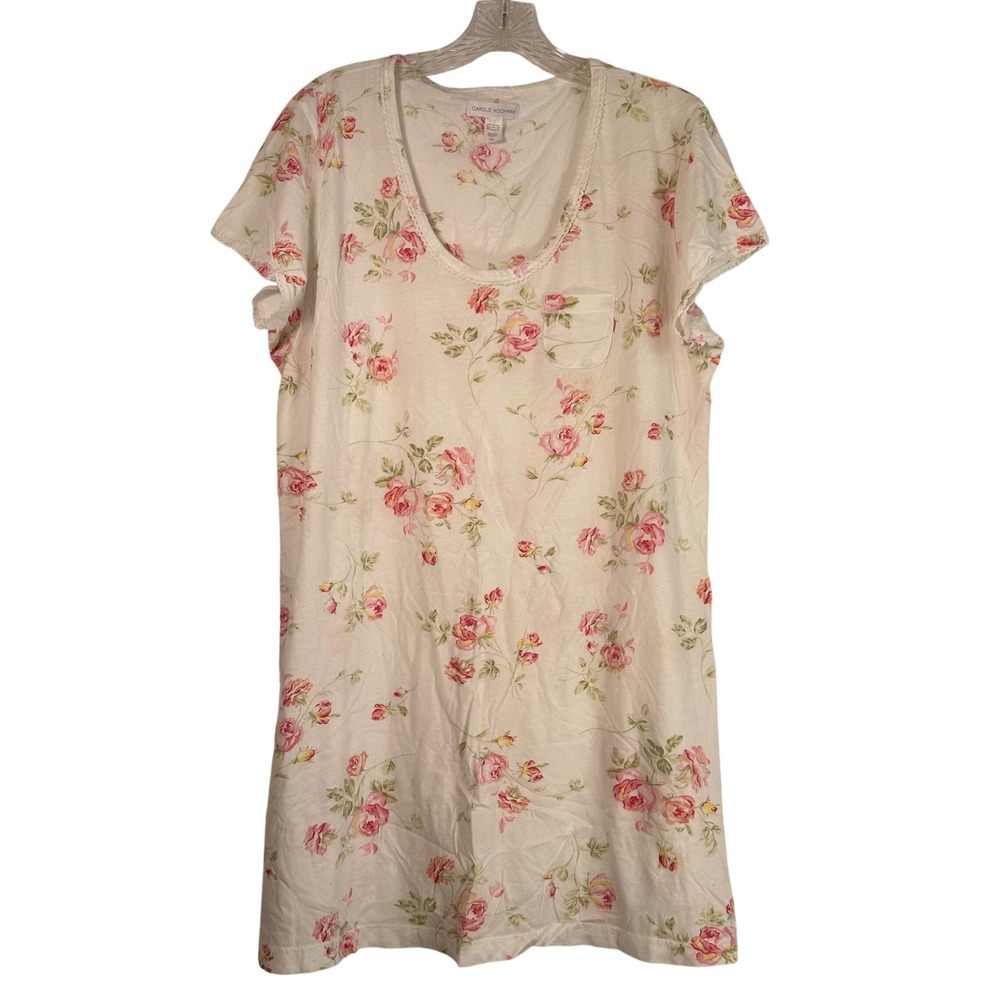 Carole Hochman Pink Rose Floral 100% Cotton Nightgown Sleep Shirt XL White